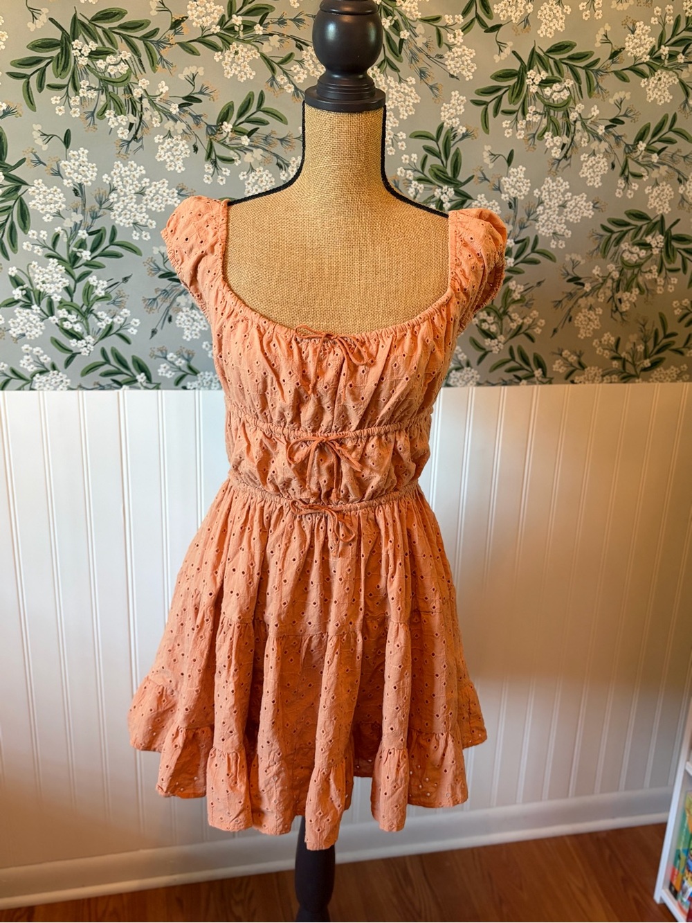 Olivaceous Peach Eyelet Short Dress with Cinched Waist